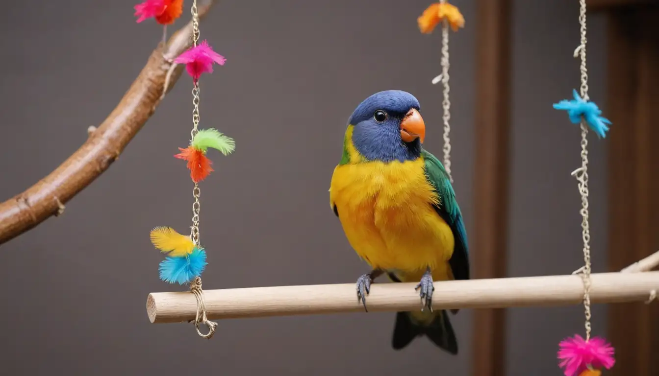 Bright colors, playful bird toys, wooden perch, dangling treat, curious eyes, soft feathers, gentle hands, inviting space, joyful atmosphere