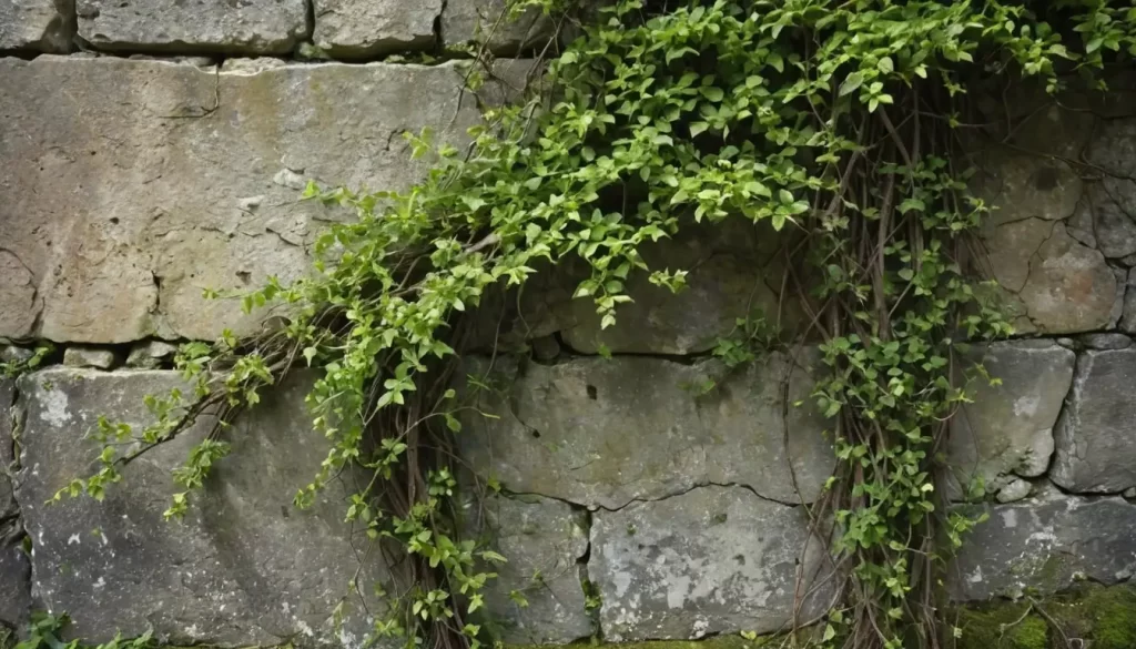 Green vines curled around a weathered stone wall
