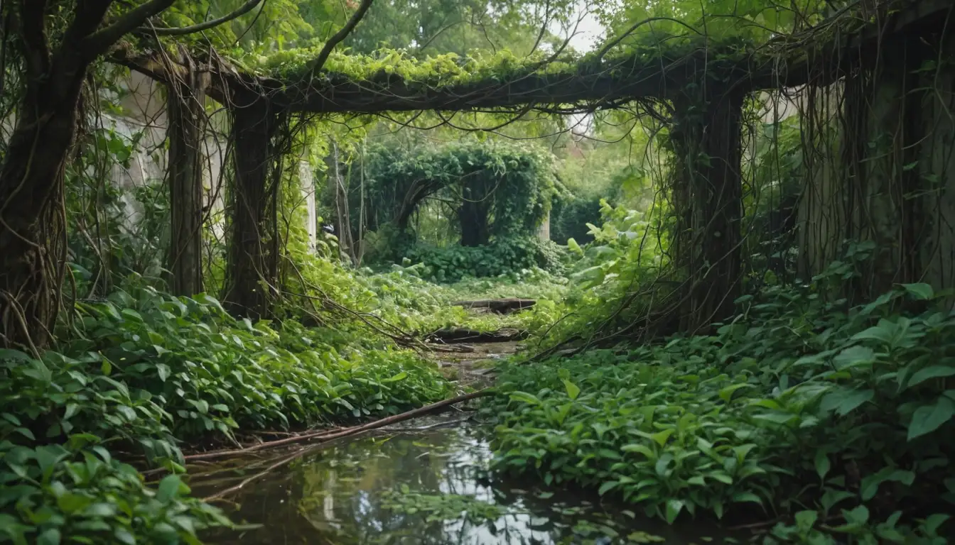 Greenery overgrown, waterlogged soil, tangled vines, lush foliage, a structure in disrepair, a garden out of control