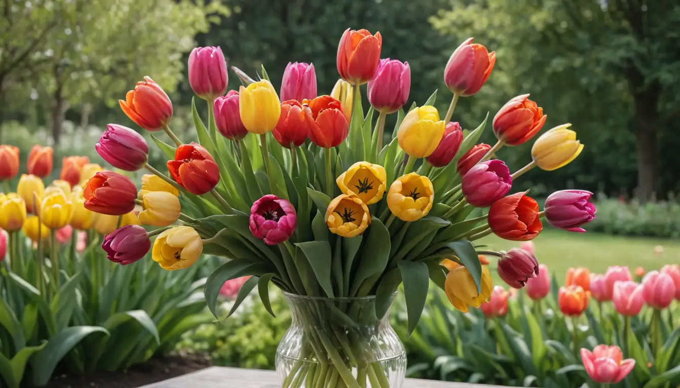 Vase filled with vibrant tulips, garden background with flowers blooming, sunny sky with white clouds, greenery and foliage surrounding vase, soft focus to highlight petals and stems