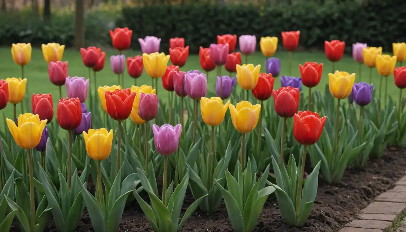 3-5 tulips in various colors, bulbs visible with soil, stems varying heights, no foliage present, simple green background