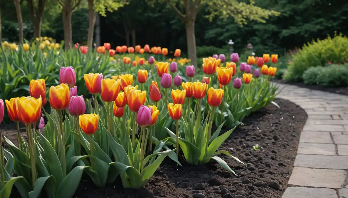 tulips in different stages of growth, colorful blooms surrounded by foliage, garden bed with dark soil, possibly some garden ornaments or stones, sunny and lush greenery in the background
