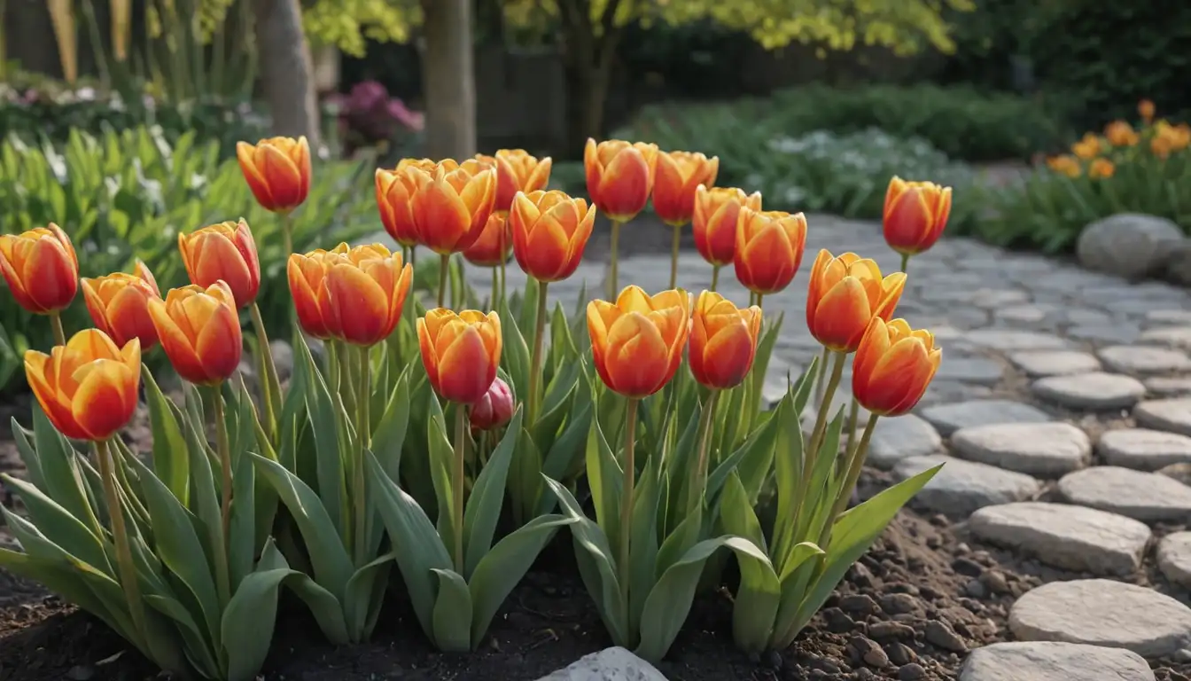 1-2 tulips in bloom, soil with visible texture, garden bed or container background, natural light filtering through, possibly a few leaves or stems around the base, serene atmosphere, possibly some stones or decorative elements around the plants