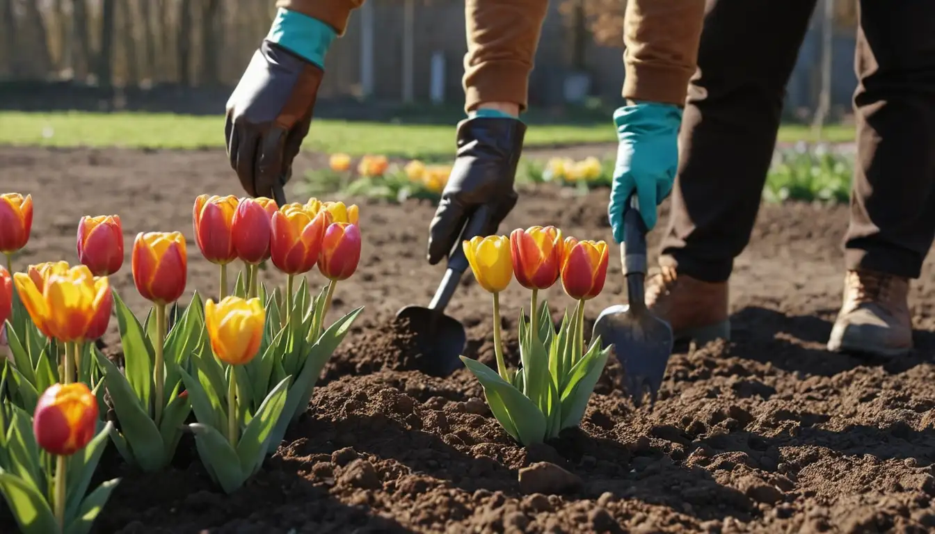 Tulips in various colors, close-up, soil texture, gardening tools, hand holding bulb, planting process, pot with tulip bulbs, gardening gloves, and a sunny background