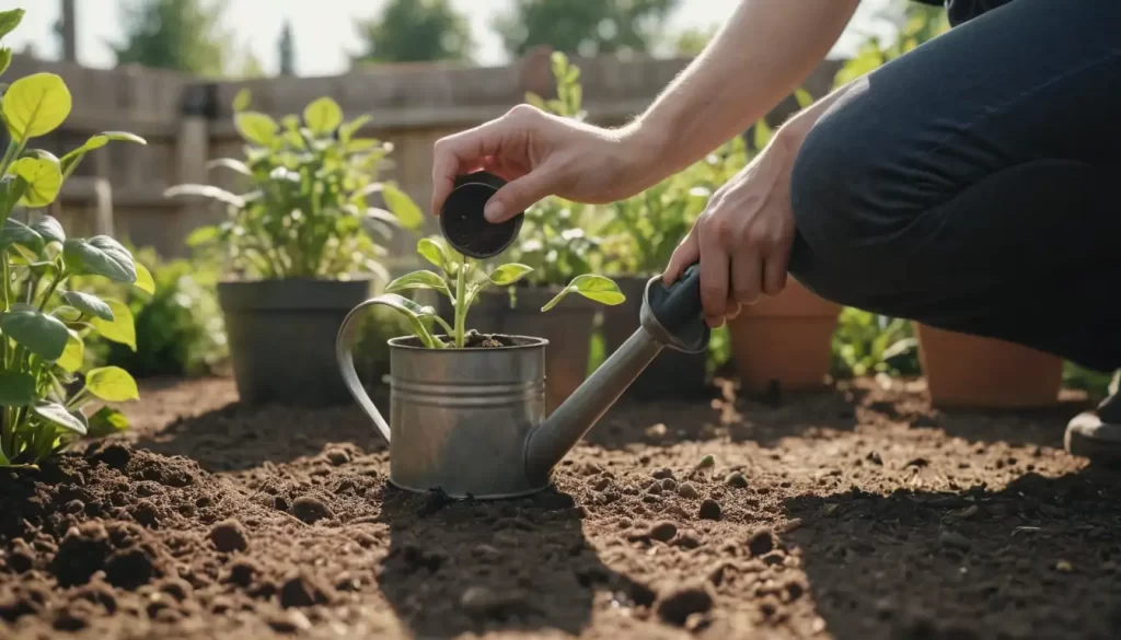 A person kneeling next to a planter