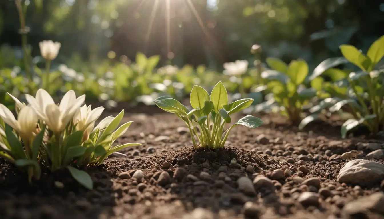 A serene garden setting with blooming flowers, sunlight filtering through leaves, soil texture, tiny seeds, and a gentle sprout growing out of the ground, warm earth tones, soft focus, inviting atmosphere