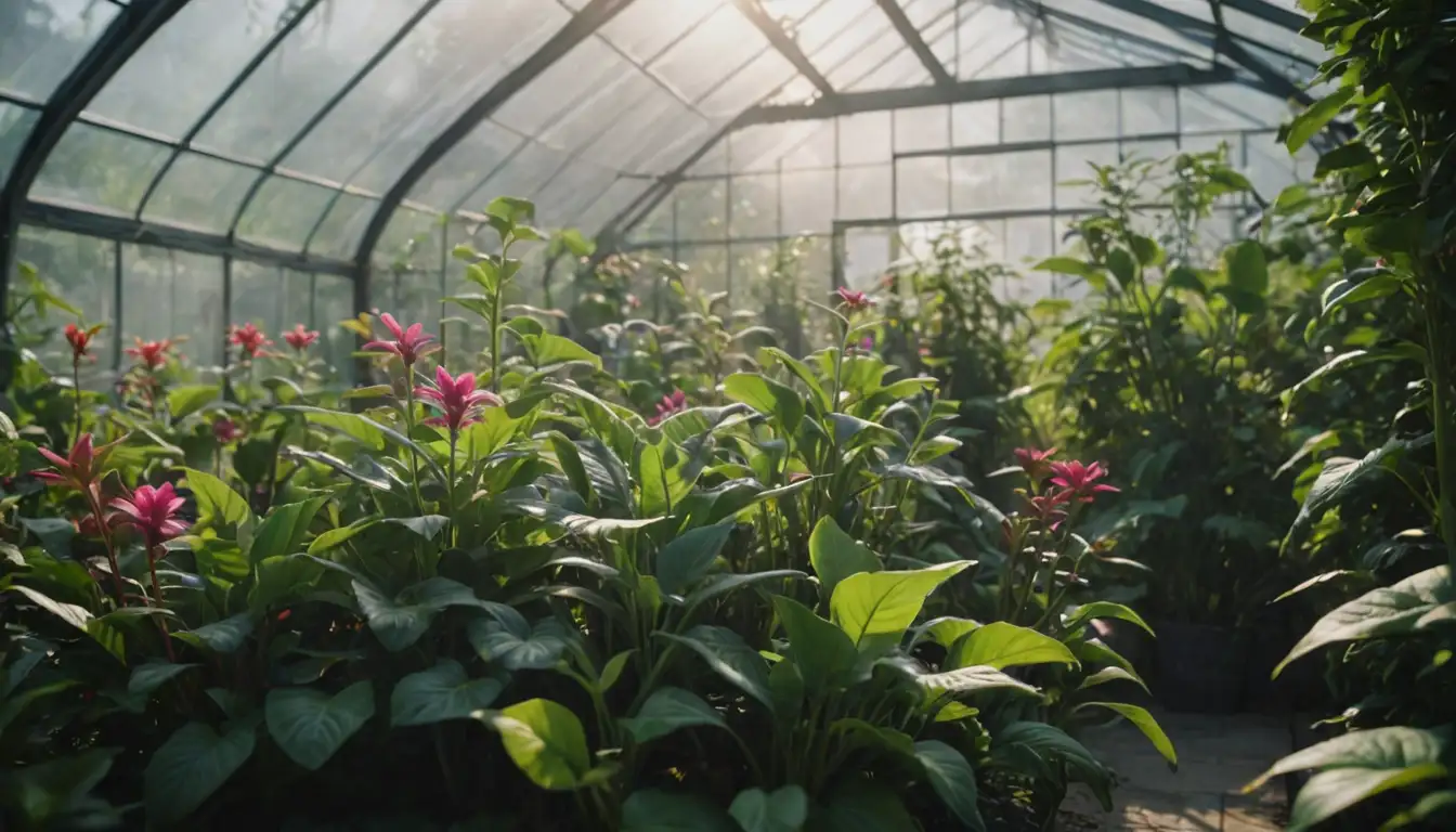 A sunlit greenhouse with lush green plants, a warm temperature gauge displaying a rising arrow, a radiant light beam shining down, vibrant colorful flowers blooming, a gentle mist or fog in the background, and soft natural textures like leaves or petals