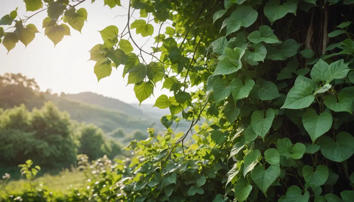 A botanical illustration, lush green leaves, climbing vine, trumpet-shaped flowers, delicate stems, rural landscape background, warm sunlight, serene atmosphere