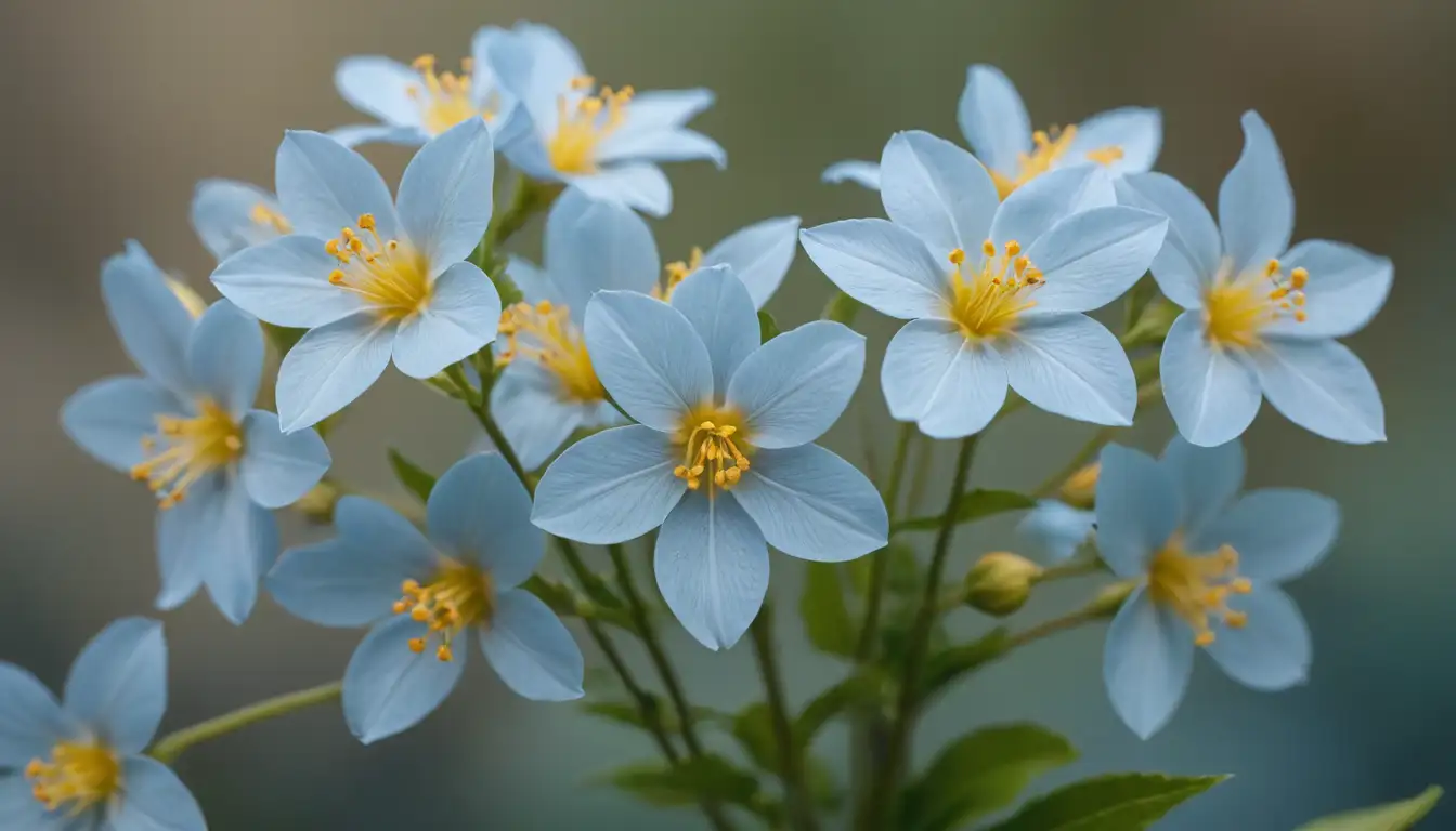 Delicate, trumpet-shaped flowers, pale blue color, five petals, yellow center, intricate details, stem with small leaves, subtle texture, soft focus