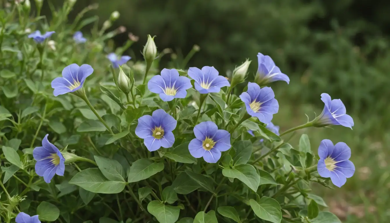 Wild convolvulus flowers, delicate and intricate, blooming against a natural backdrop, such as a meadow or garden, with lush greenery surrounding, possibly including leaves or stems of Convolvulus arvensis, capturing its beauty and versatility