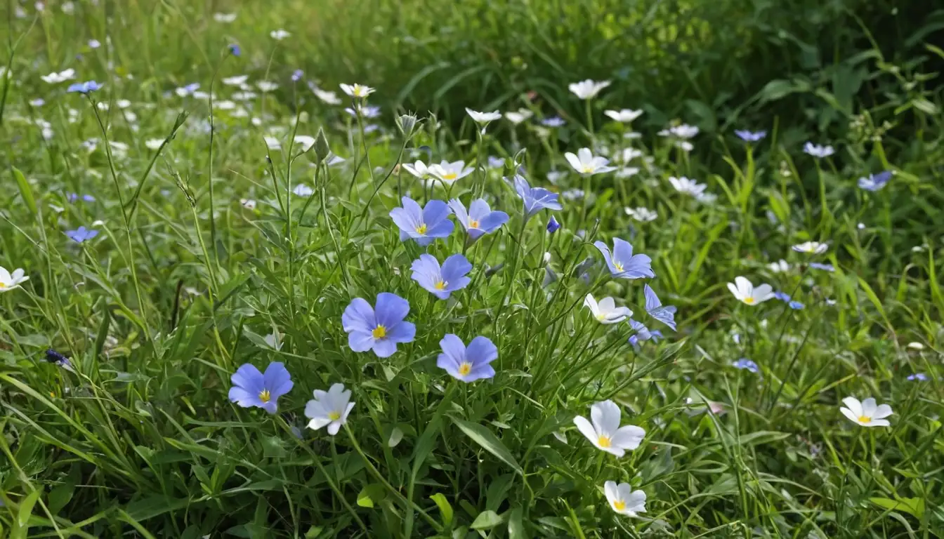 A sunny meadow with scattered flowers, a few weeds, and a small cluster of Convolvulus Arvensis plants in the center, with delicate white petals and bright blue centers, growing amidst tall grasses and leafy greenery