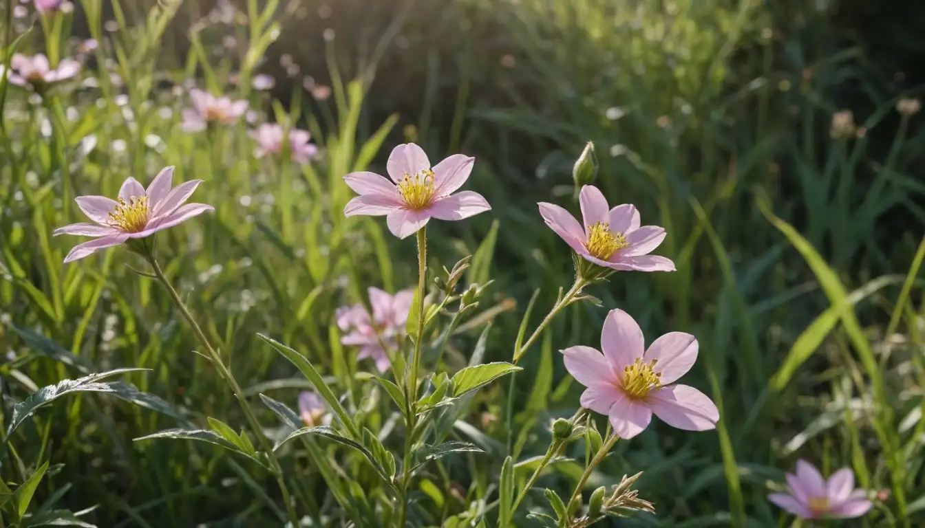 Close-up of delicate pink flowers with yellow centers, growing amidst green leafy stems with intricate patterns, set against a blurred background of grasses and wildflowers, morning sunlight casting soft shadows, gentle texture and focus on the central flower head