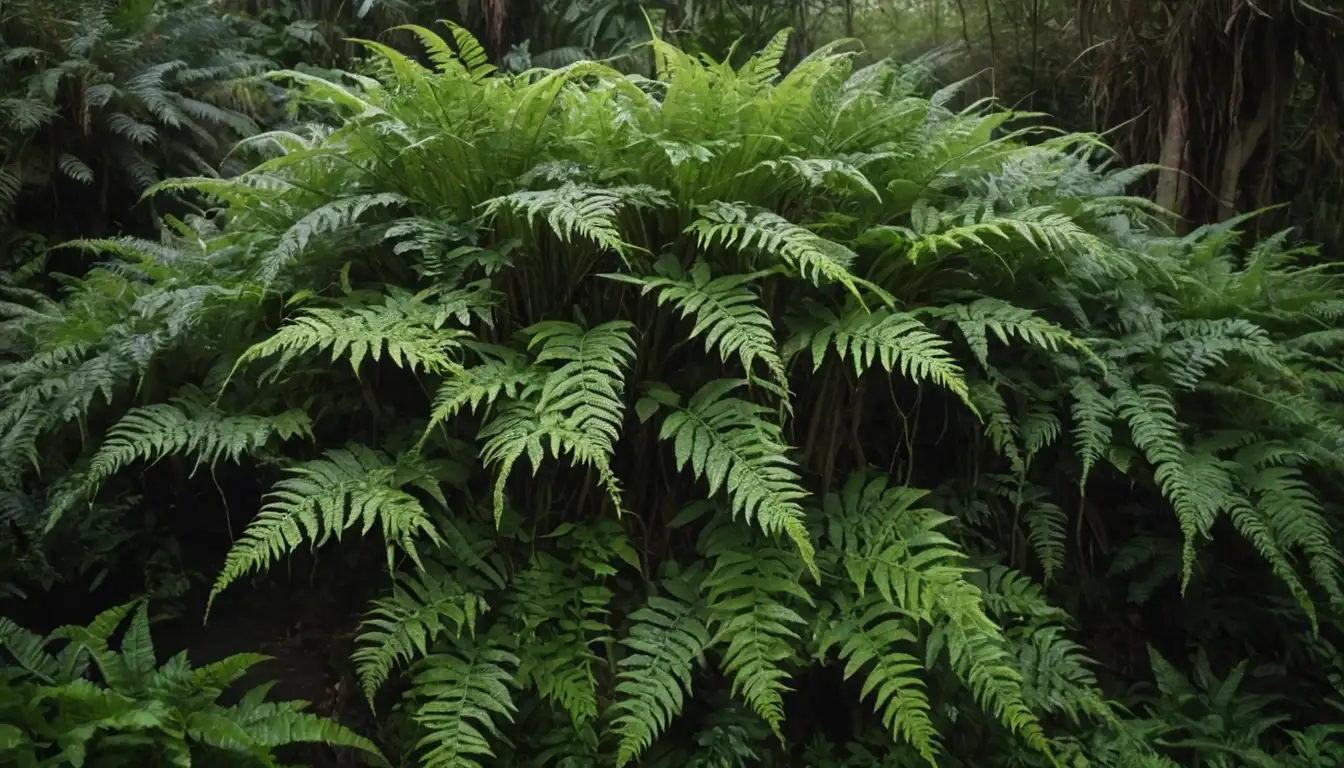 3-5 pitcher-shaped plants with various colors and patterns, stems wrapped in aerial roots, surrounded by lush green leaves or ferns