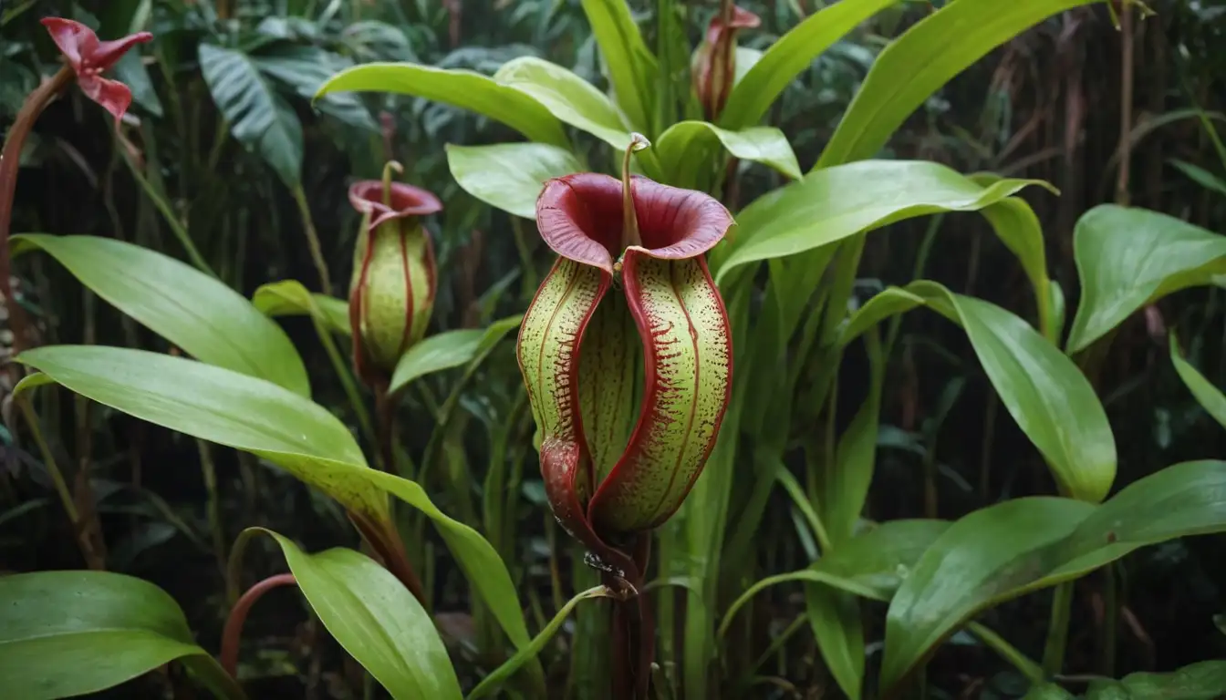 Tropical, humid environment, pitcher plants (Nepenthes) with unique shapes and colors, long leaves with intricate patterns, lush greenery, possibly a water reservoir in the background or foreground, exotic flowers blooming around, vibrant colors