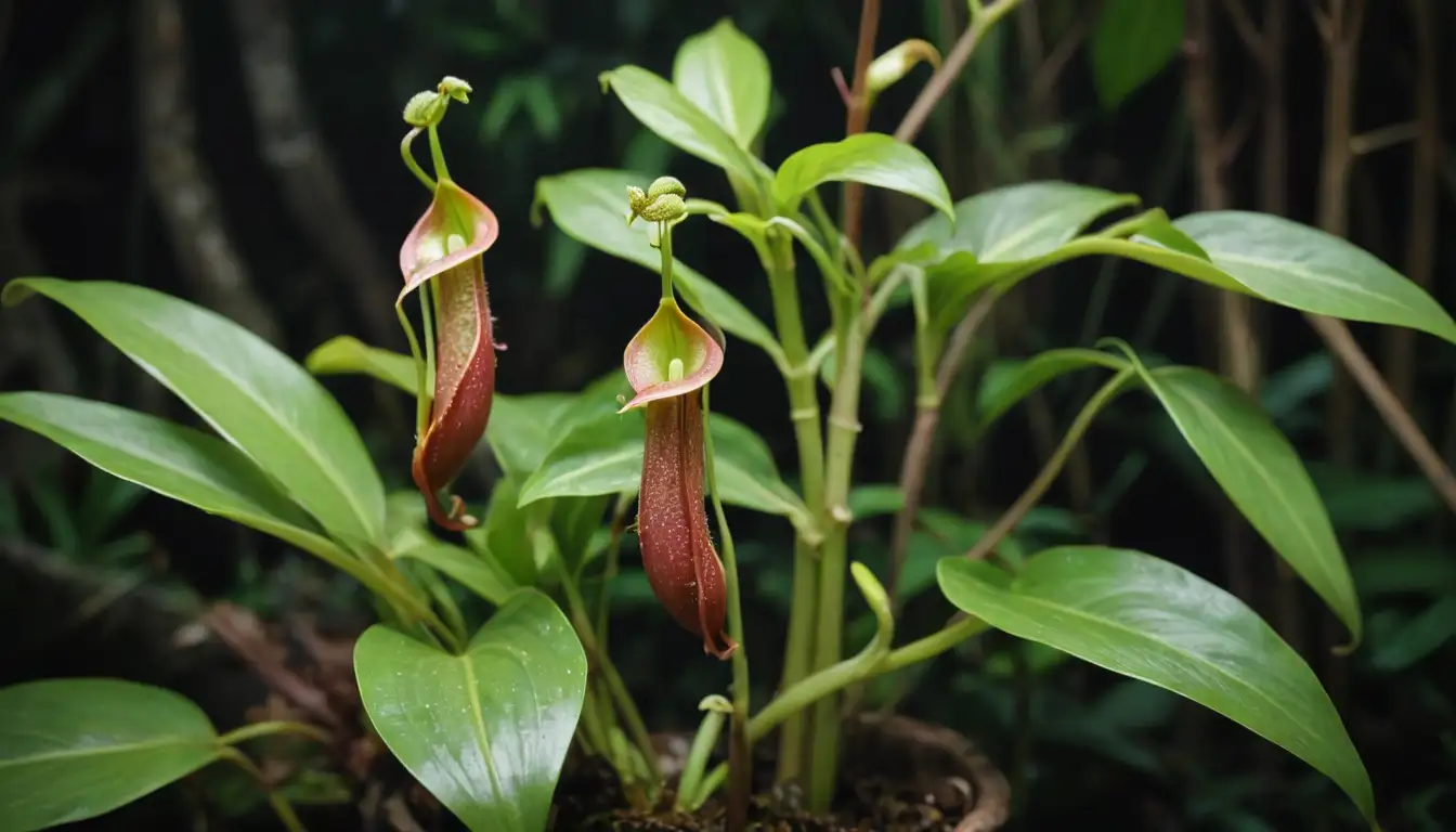 Close-up of Nepenthes plant, lush green leaves, waxy stems, pitcher-shaped flowers, bright colors, background with blurred plants or decorative elements, soft lighting, natural settings like garden, forest, or rocky terrain