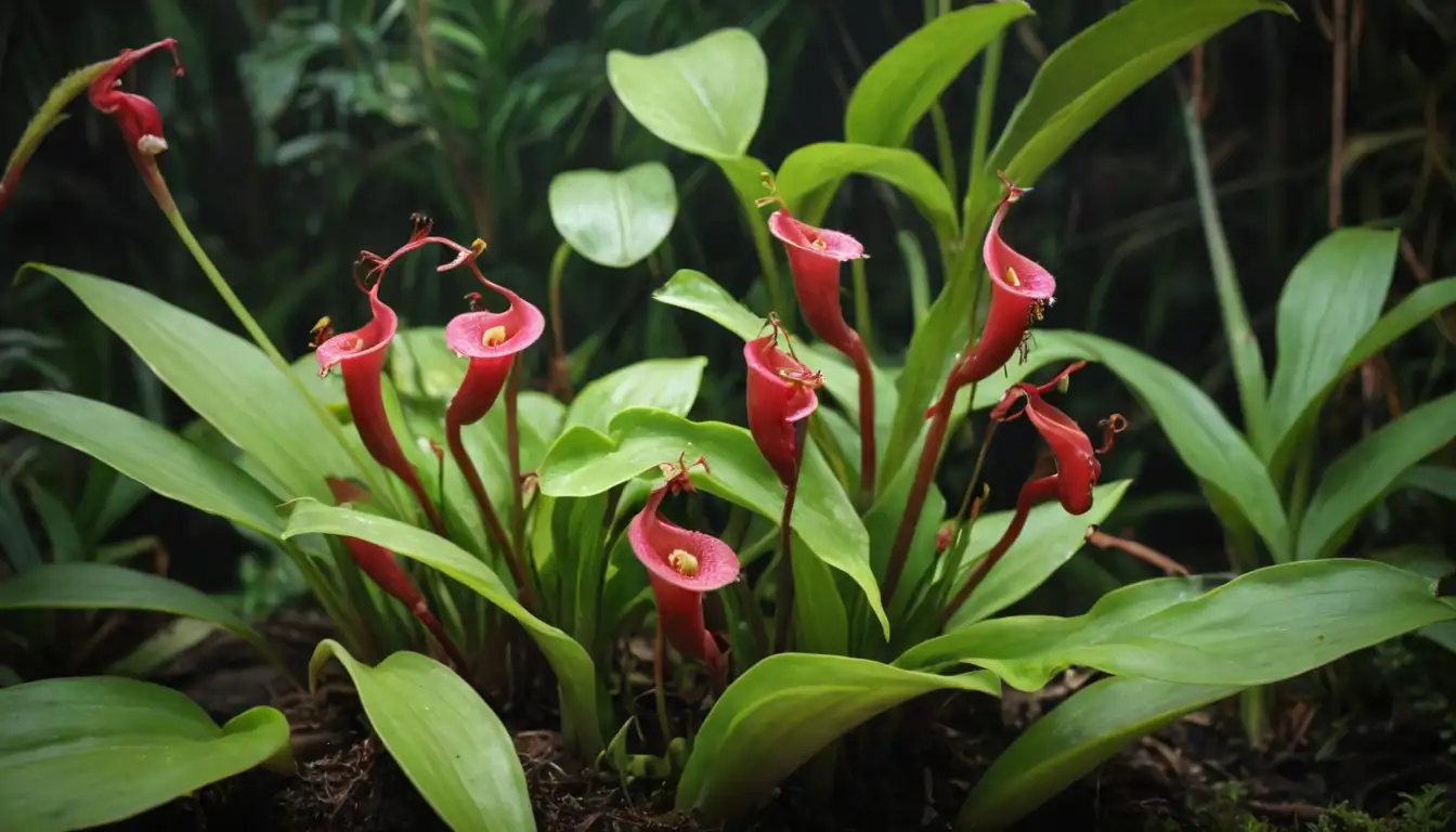 Carnivorous plants, pitcher-shaped, tropical scene, jungle-like background, bright green leaves, red flowers, a few insects or spiders, a Nepenthes plant with pitchers in various stages of development