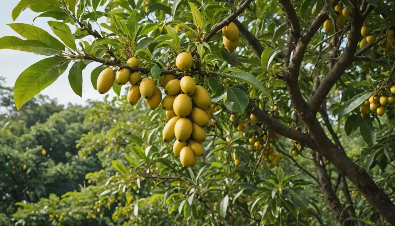 ripe mango trees with vibrant green leaves and bright yellow fruit, surrounded by buzzing bees, fluttering butterflies, and crawling ants, with a few holes and damage spots visible on some branches