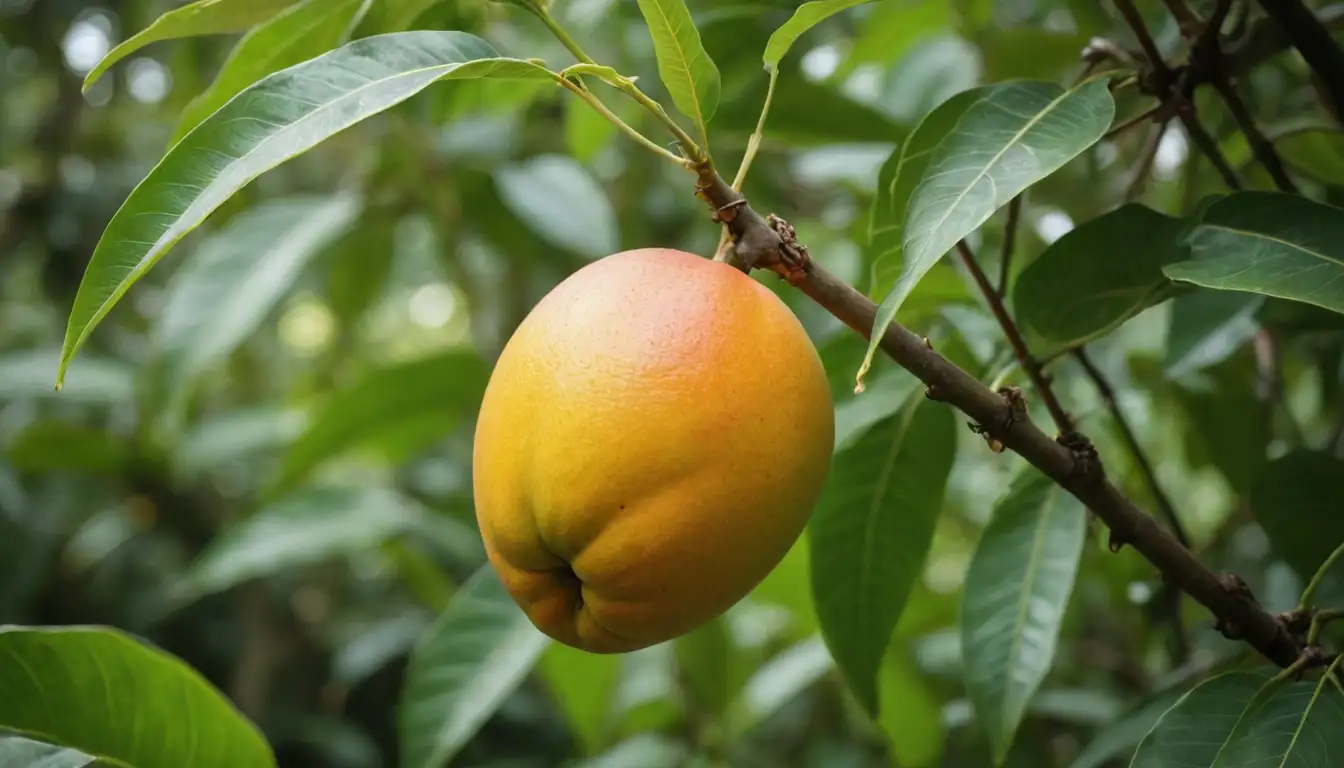 A ripe mango fruit with stem intact, nestled among lush green leaves, on a sunny background with soft focus, possibly with a few insects or bees in the vicinity, and perhaps some natural elements like twigs, rocks, or flowers nearby