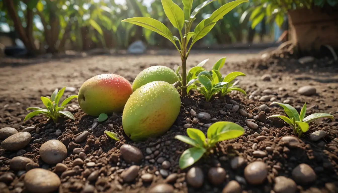 3D mango pit, green sprouts emerging, garden container, natural texture, soil and pebbles, lush foliage, sunny sky, water droplets, leafy branches, fruit growing, vibrant colors, earthy tones