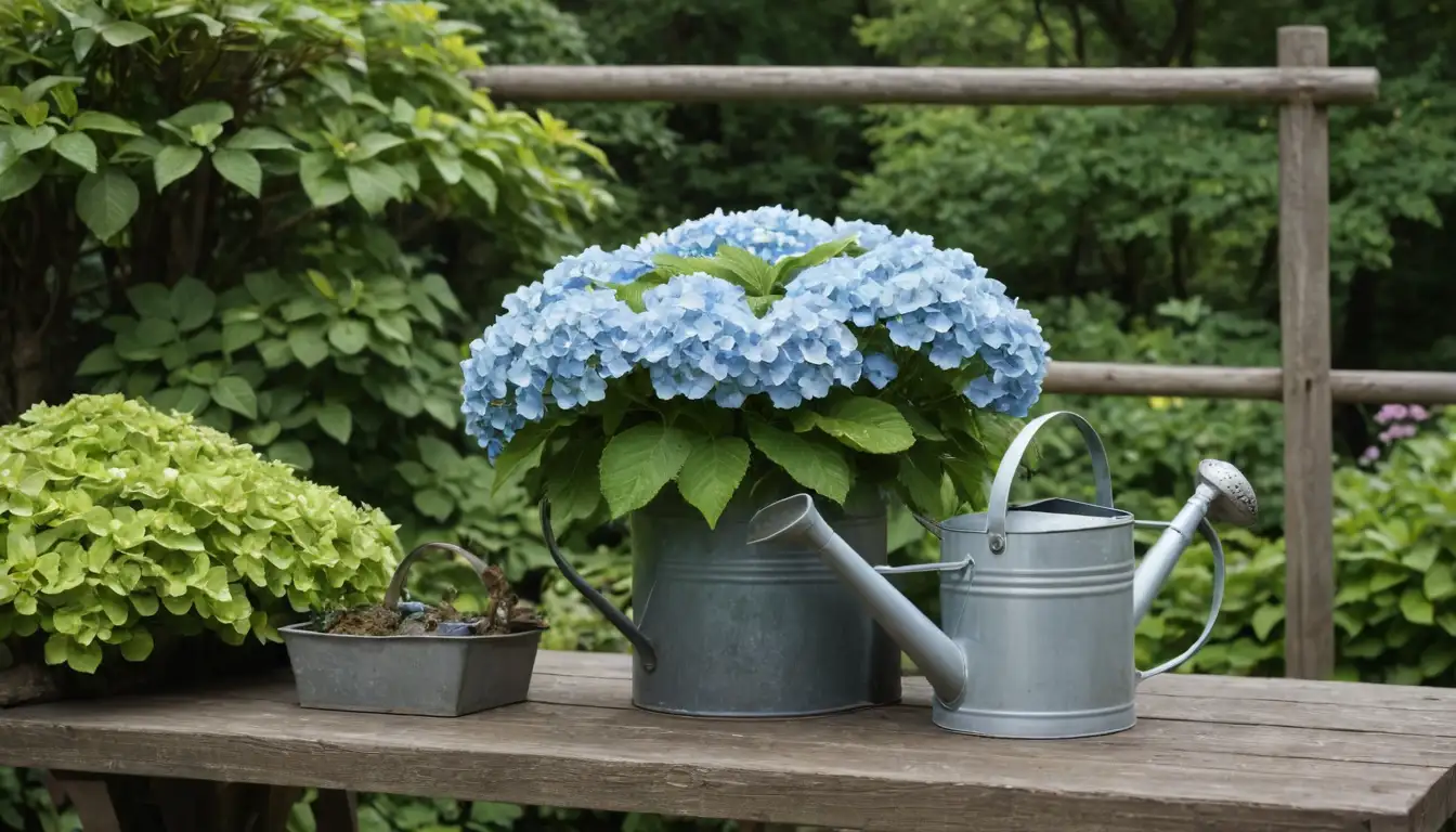 A blooming hortensia surrounded by lush greenery, with a watering can and pruners nearby, possibly placed on a wooden table or trellis, with some natural elements like rocks, moss, or vines adding texture and depth, and the overall scene should evoke a sense of serenity and garden freshness