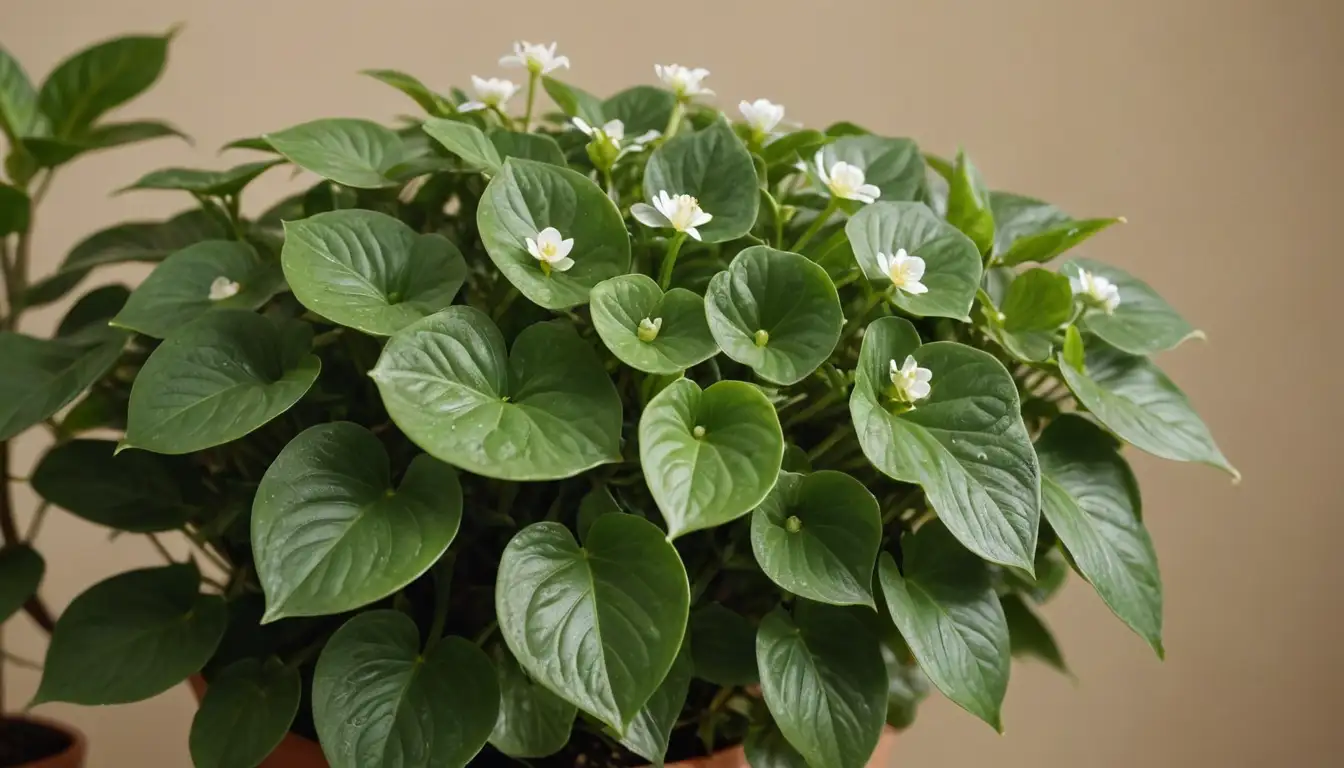 A vibrant green Peperomia plant with leaves shaped like umbrella tips, surrounded by a few pesky aphids or spider mites, and a delicate white flower blooming in the center, set against a warm beige or earthy brown background