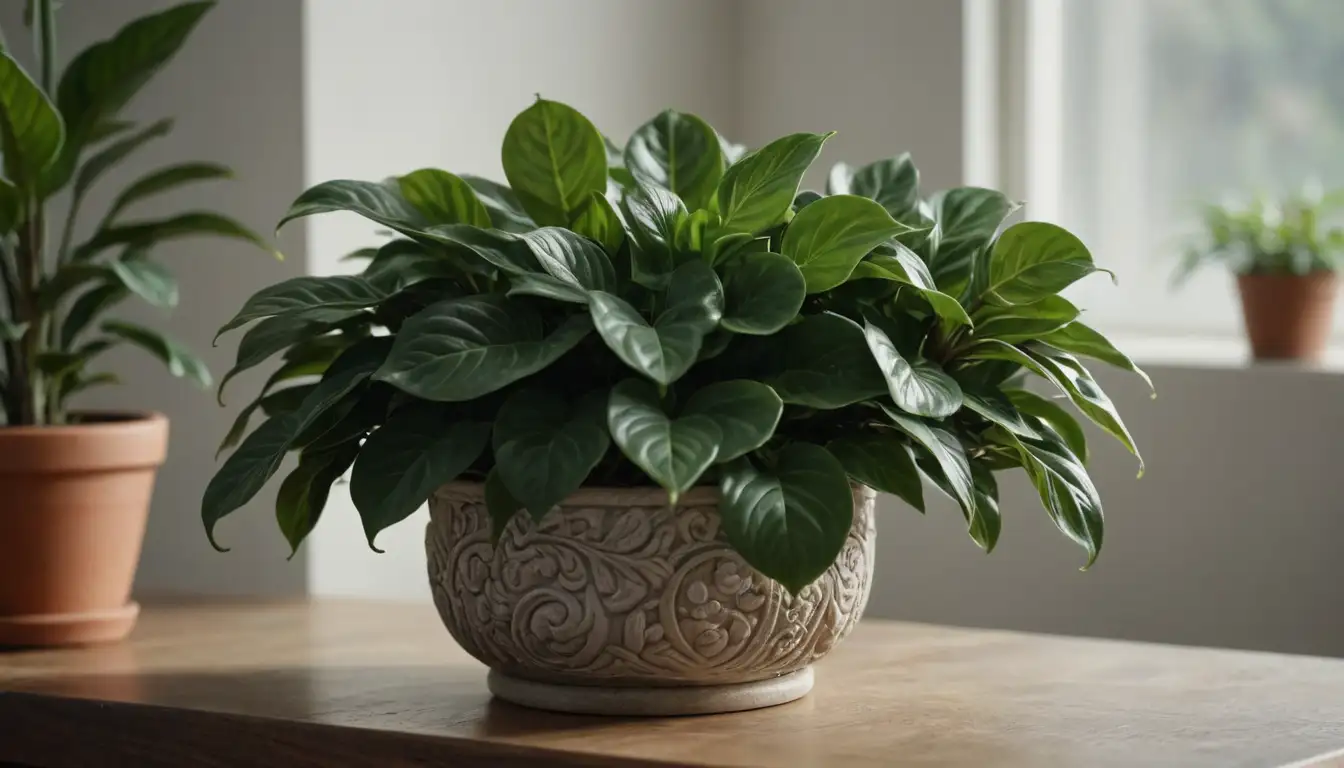 A close-up shot of a Peperomia plant with lush green leaves, delicate stems and intricate patterns, sitting on a wooden table or stone pedestal, with soft natural light casting subtle shadows, surrounded by a minimalist interior setting, featuring a few decorative elements like a vase or small sculpture