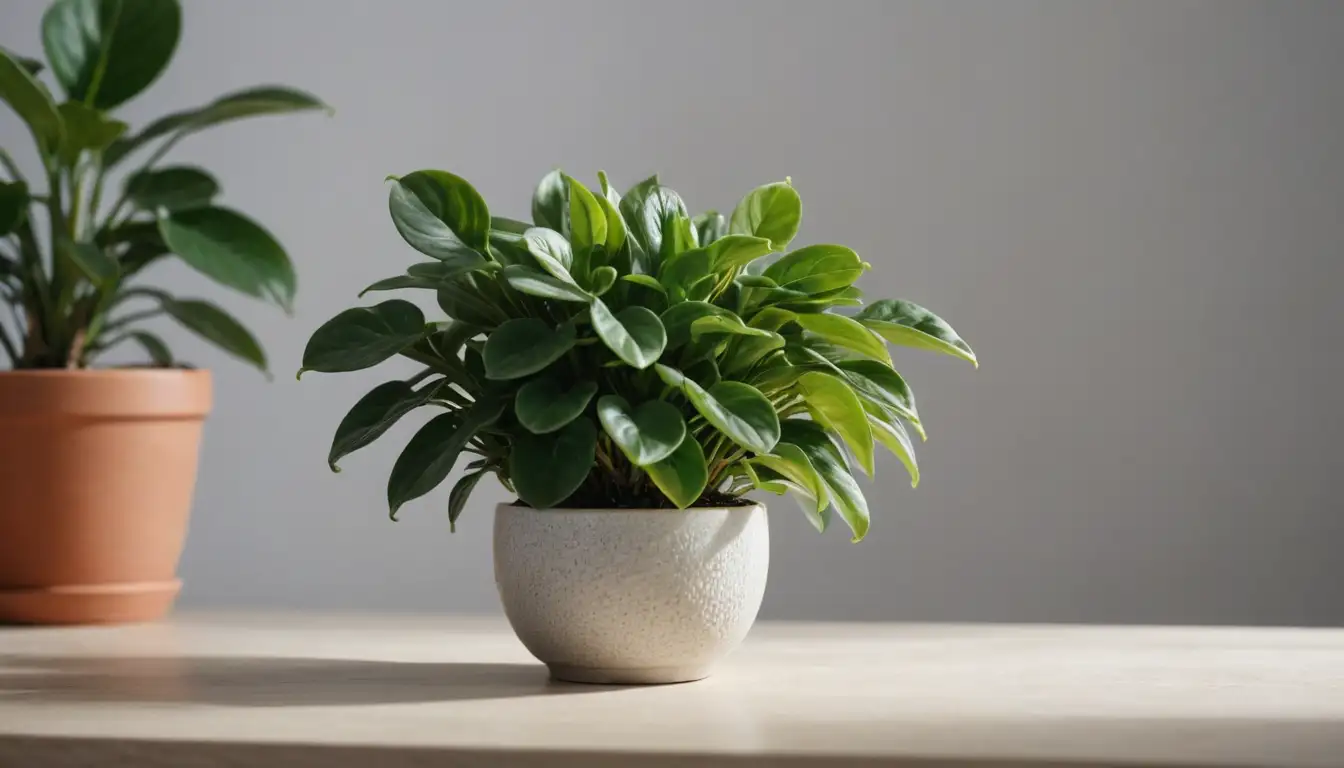 A lush, green Peperomia plant with a compact growth habit, surrounded by natural stone or wood accents, on a minimalist white or wooden table, with indirect light and subtle shadows