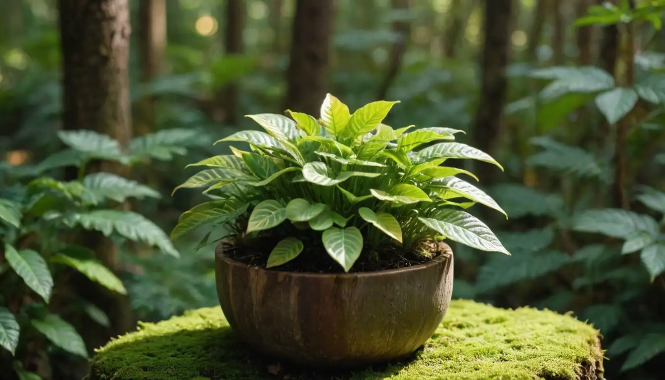 Small, rounded leaves, green with yellow stripes, growing on a moss-covered wooden stem, surrounded by lush foliage, bright indirect light, rustic decorative pot, natural background, earthy tones, warm atmosphere