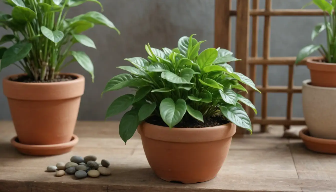 Peaceful, lush indoor environment, green Peperomia plants with varying leaf shapes and sizes, soil texture, small terracotta pot, wooden or bamboo trellis, possibly a few decorative rocks or pebbles