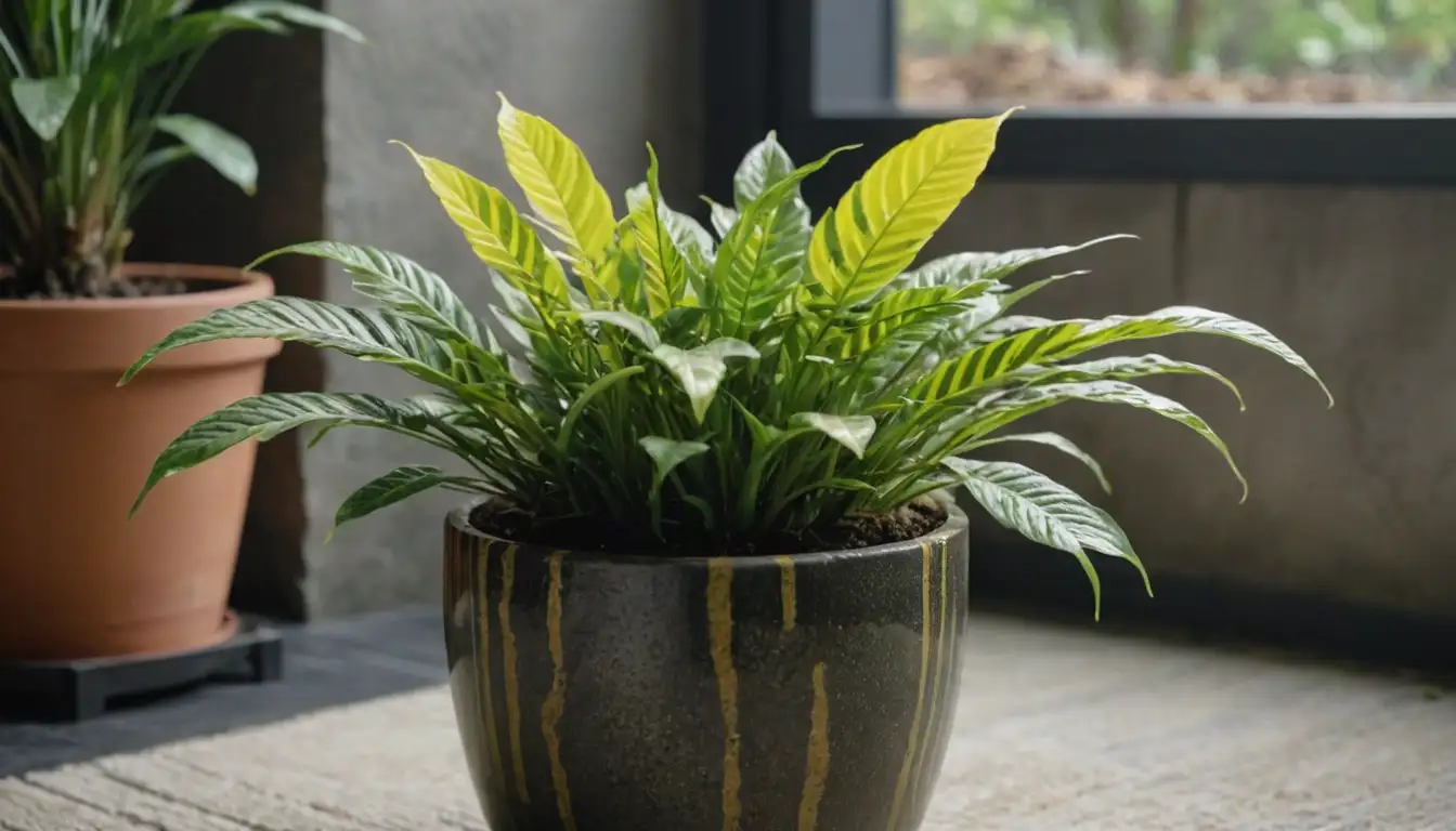 vibrant green leaves with yellow and black stripes, upright stems, soil with moisture, pot or planter in background, natural light, possibly a decorative stone or moss around base