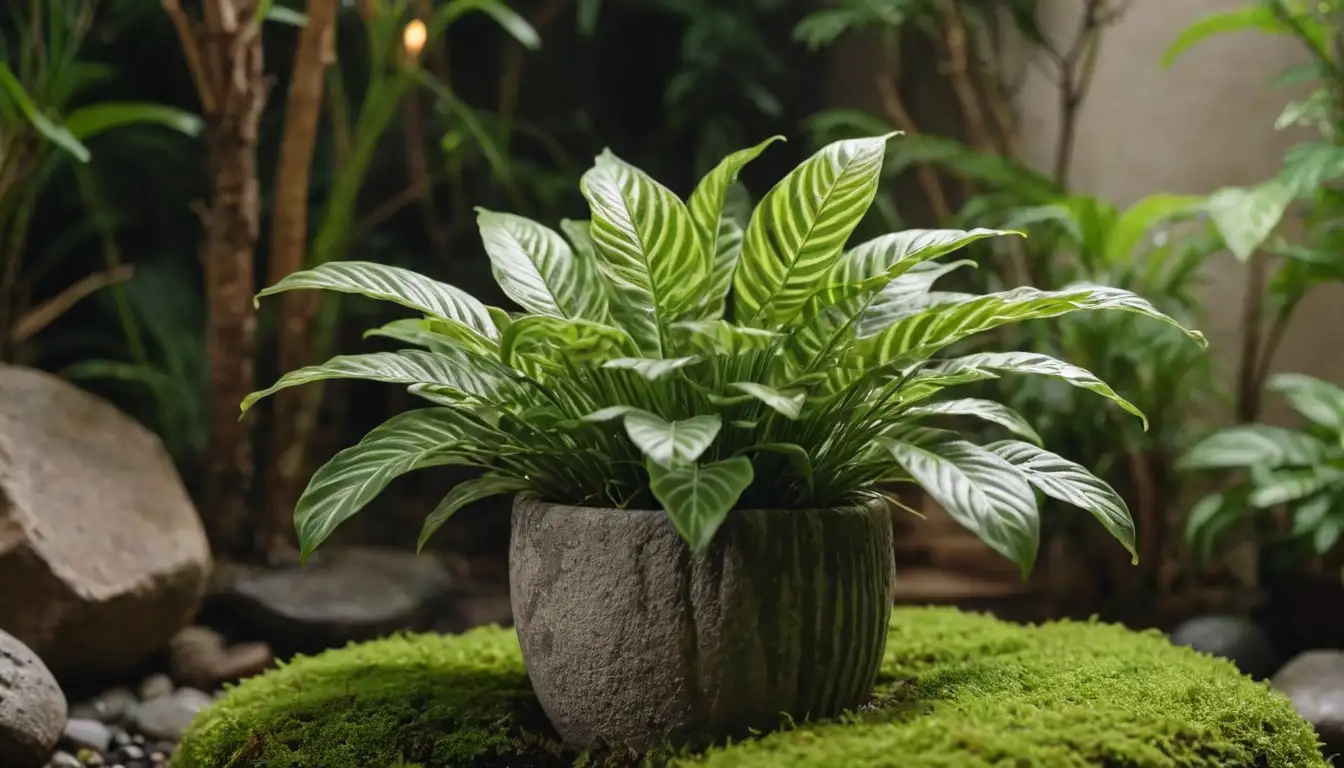 lush green leaves with zebra-like stripes, large and fleshy, growing on a stem, surrounded by soil and moss, in a well-lit indoor setting, possibly with some decorative rocks or pots nearby, with a subtle hint of tropical atmosphere, warm colors and gentle lighting