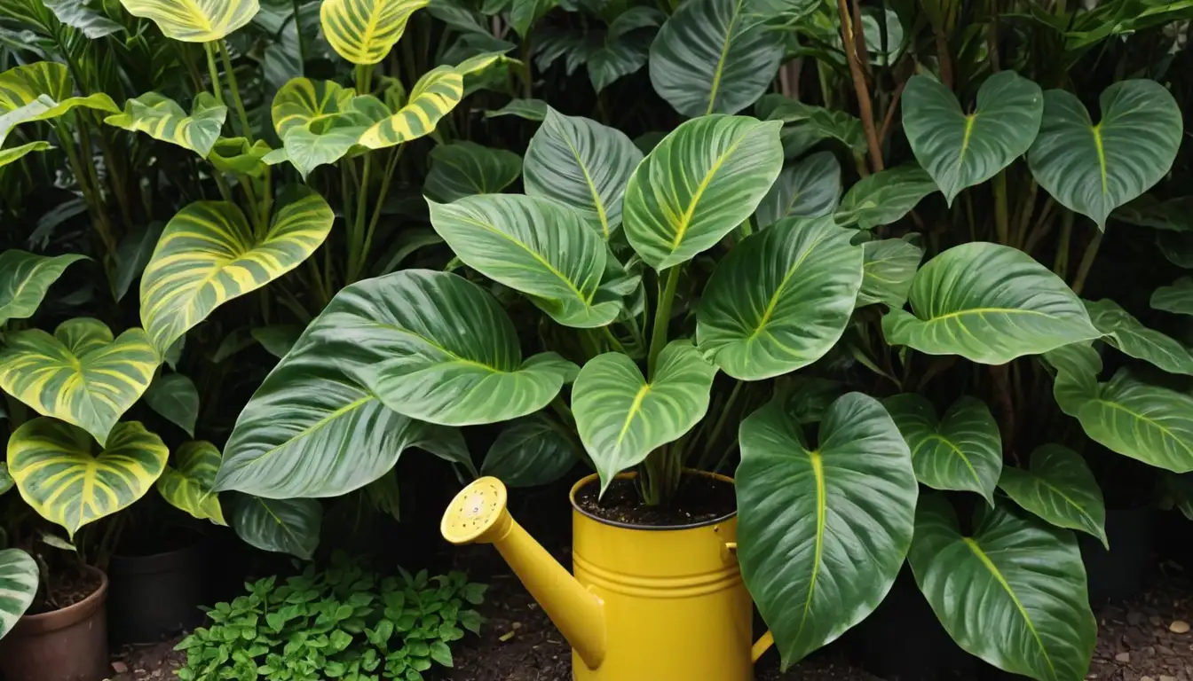 lush green leaves with bold yellow stripes, soil moisture, watering can, tropical plants, alocasia zebrina, verdant foliage, vibrant colors