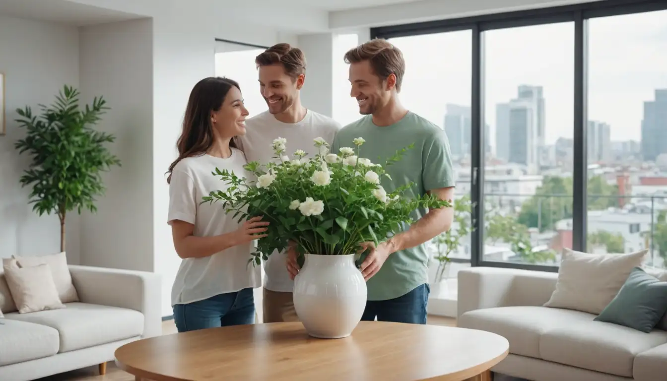 3D illustration of a happy couple holding a pot, lush green leaves, white blooms, modern living room, cityscape outside