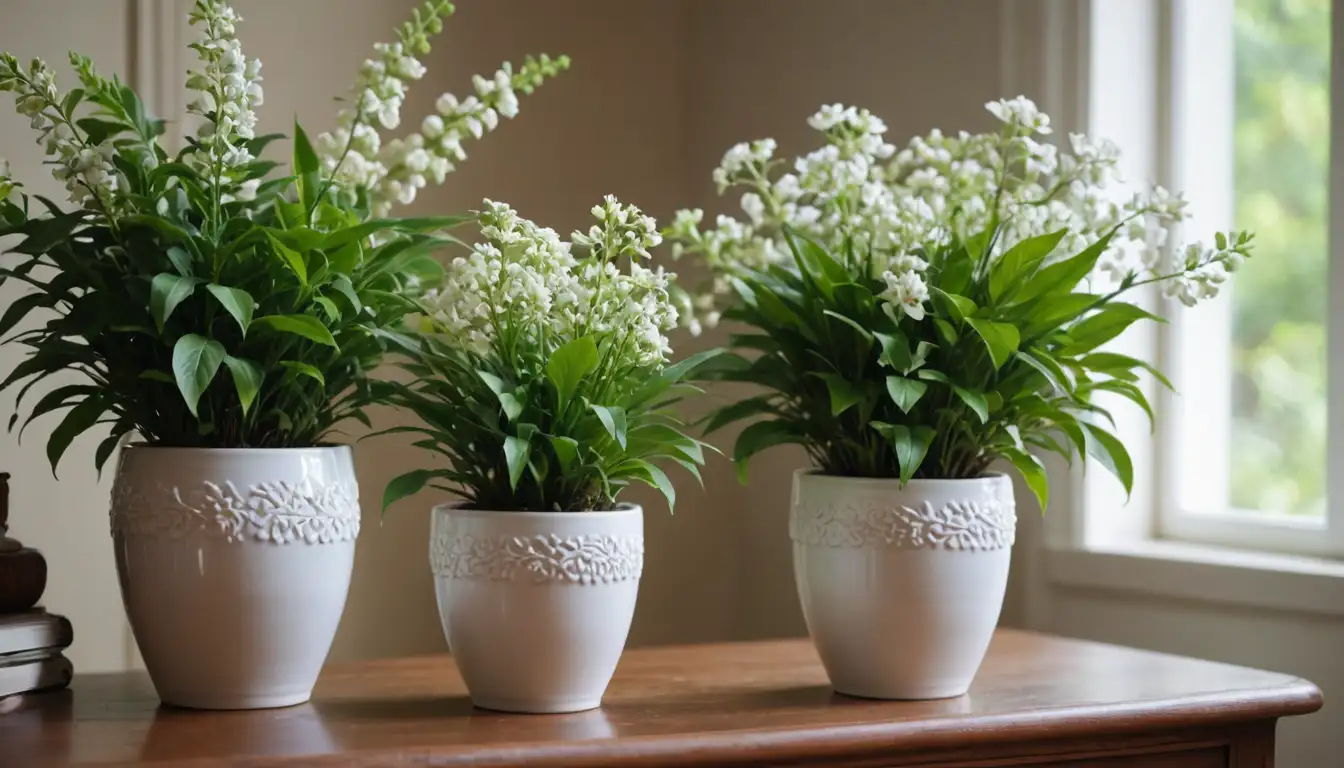 Vibrant green leaves, delicate white flowers, potted plants in ceramic containers, soft focus, natural light, lush foliage, decorative branches, artistic arrangement, ornate vases, colorful accents