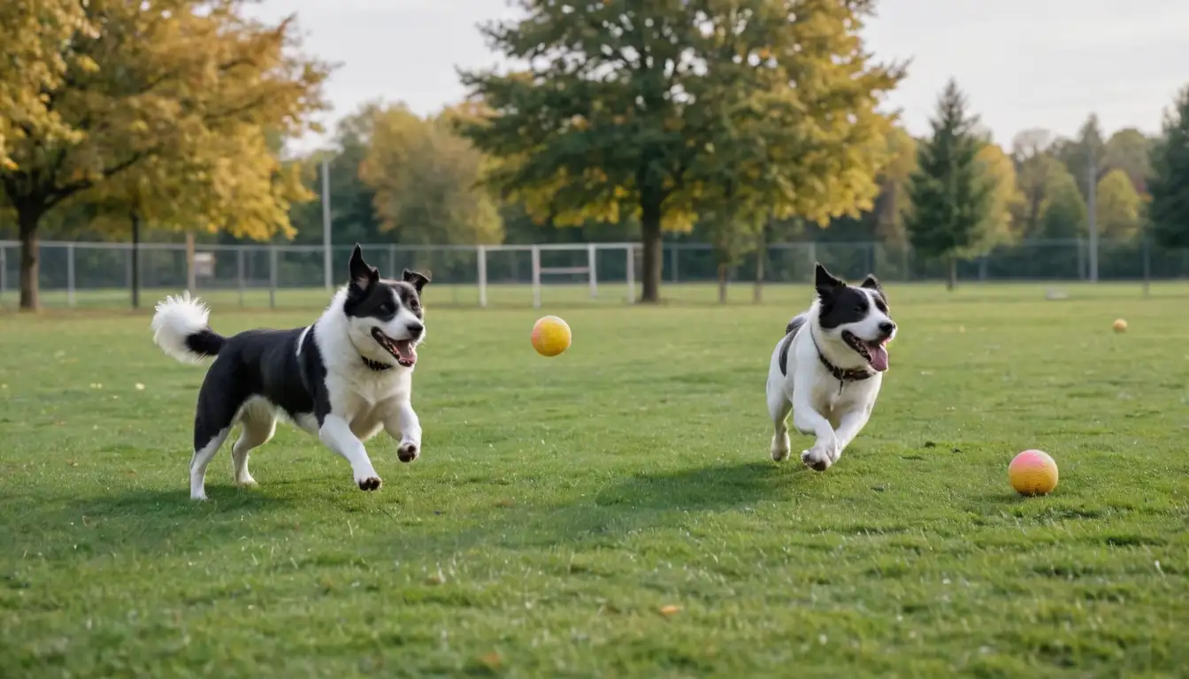 Happy dogs running, jumping, and playing with balls, leashes, and toys; a fit canine doing agility training; an owner petting and hugging their energetic pup; a dog park or open field where pets exercise freely; a person throwing a ball for a dog to catch