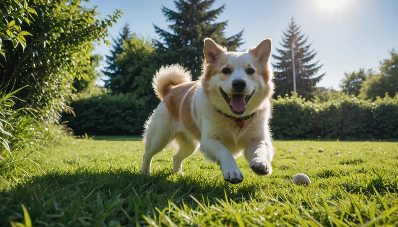 A happy dog, playing fetch with ball, surrounded by lush greenery, sunshine and blue sky, energetic tail wagging, joyful expression