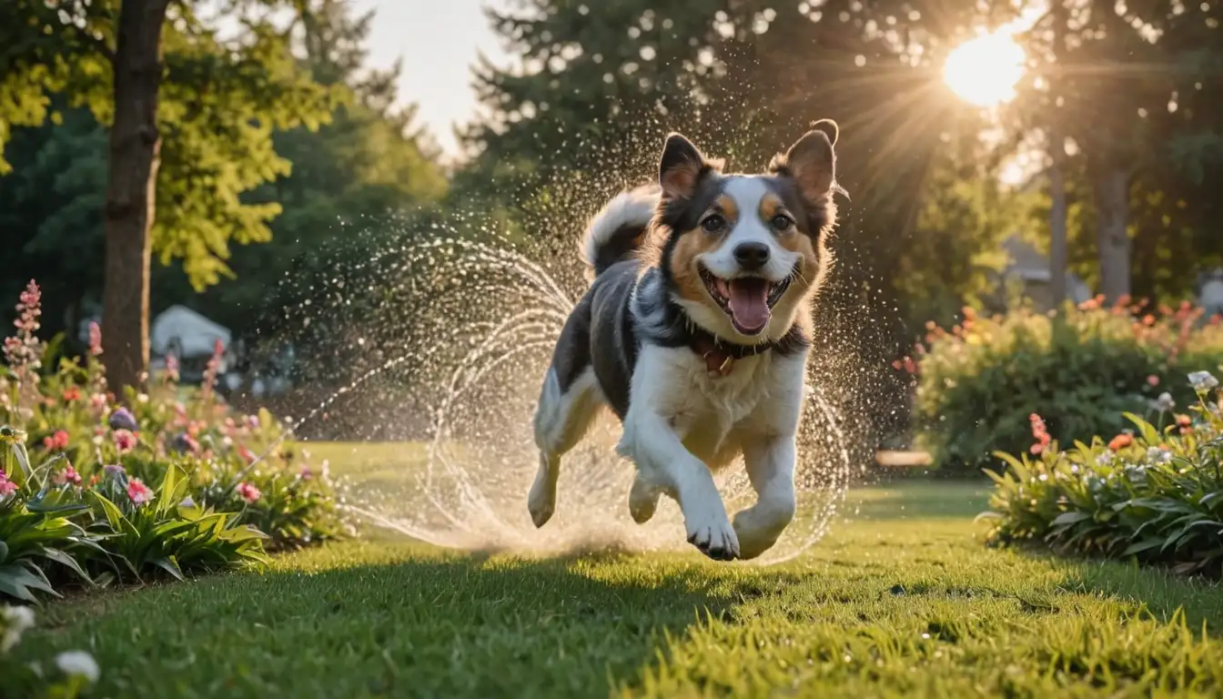 A happy dog running in a park, jumping through a sprinkler, with a sunset background, surrounded by trees and flowers, featuring a variety of shapes and textures, conveying joy and playfulness