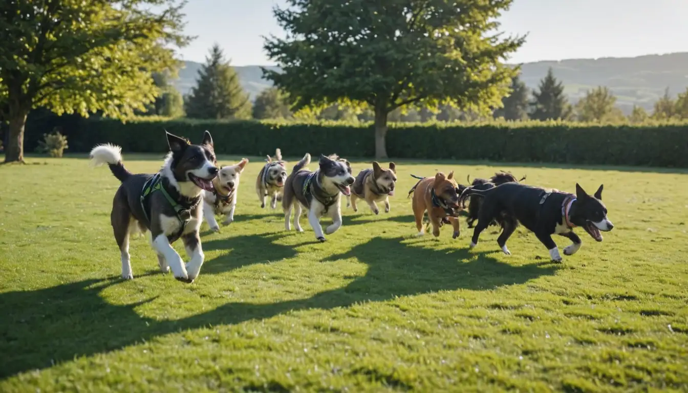 2-3 dogs of different breeds and sizes running or playing together on a green lawn, one dog with a harness and leash in the background, diverse terrain in the distance, maybe a few balls or toys scattered around, sun shining down, casual atmosphere