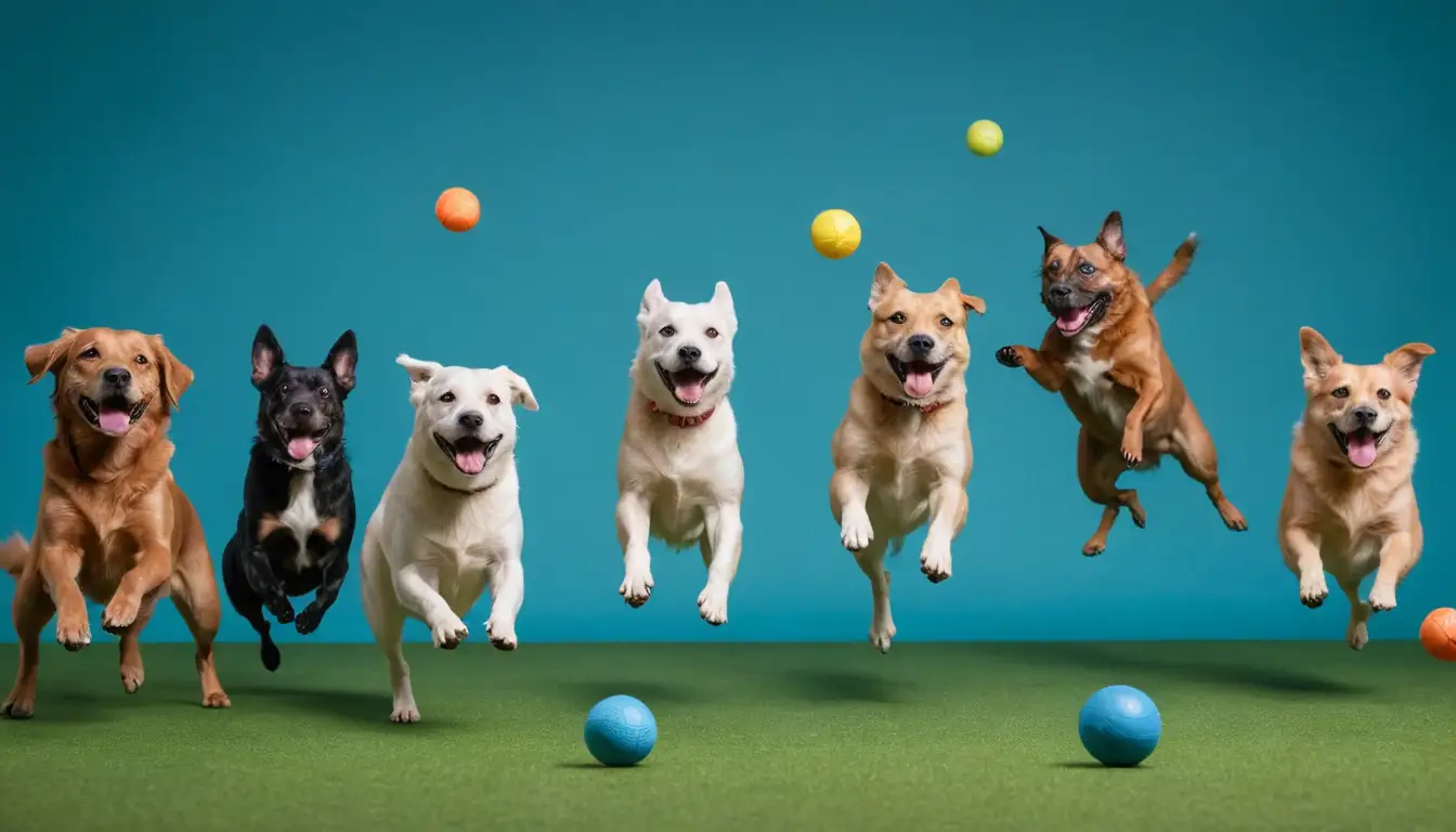 3-4 happy dogs engaging in various exercises such as running, jumping, and lifting, set against a bright green or blue background, with some subtle motion blur to convey energy and movement, surrounded by toys, treats, or balls for context