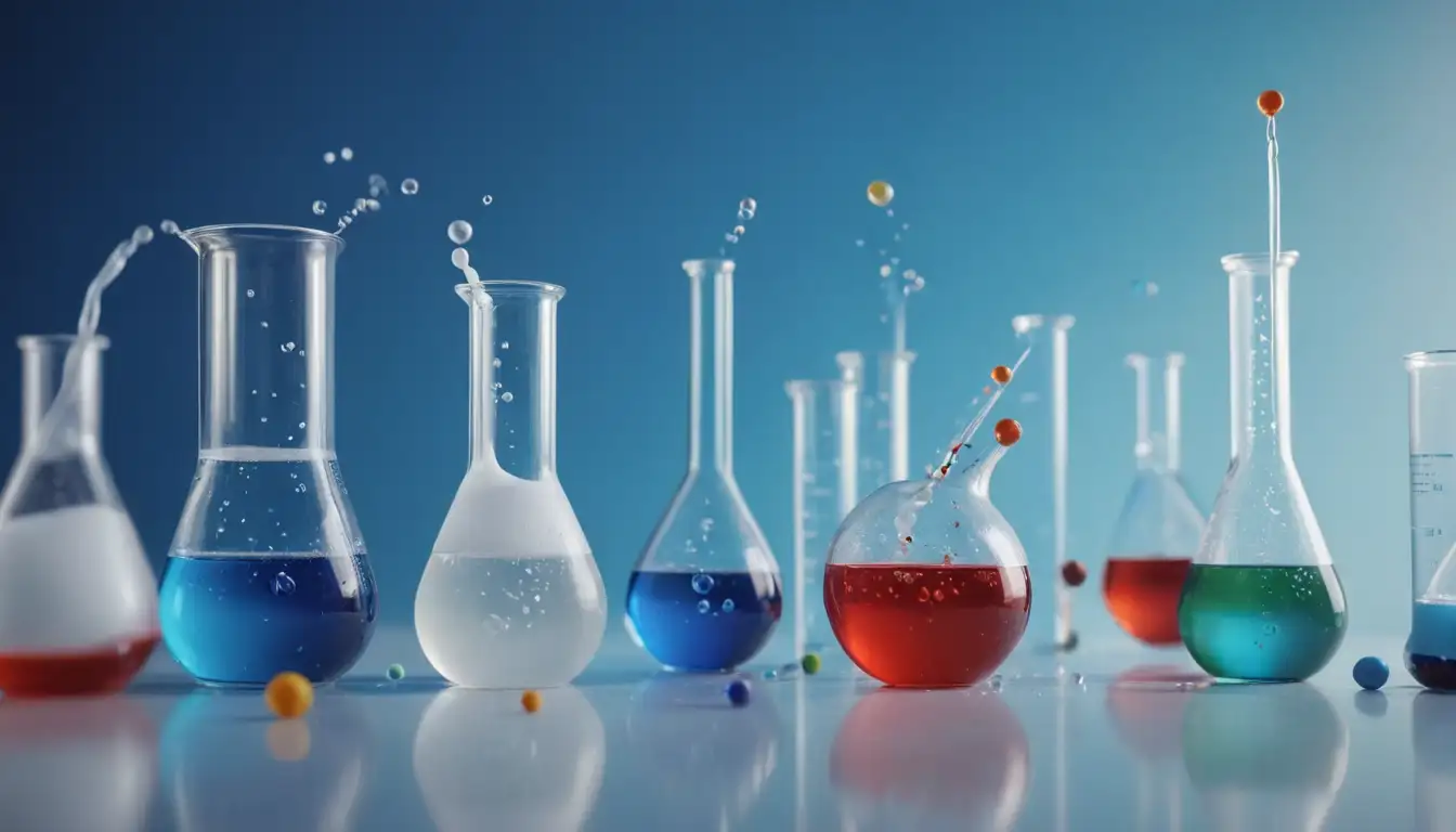 3D molecules, droplets, liquids, mixtures, beakers, test tubes, chemical reactions, swirling colors, blue background, white highlights