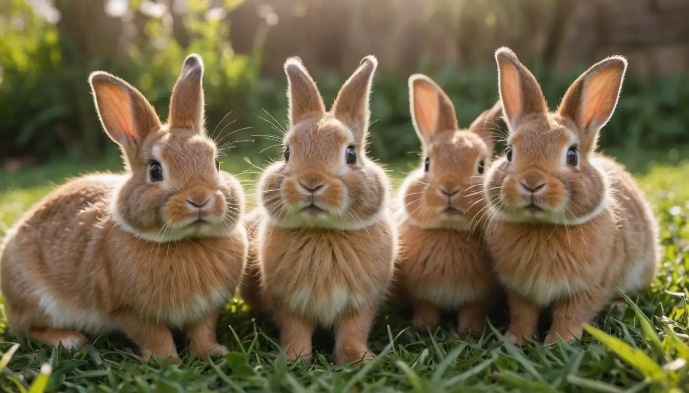 3-4 happy rabbits, cute rabbit faces, paws holding tiny esquinera, soft grass background, sunlight, warm colors, natural surroundings, perhaps some carrot tops or lettuce leaves nearby