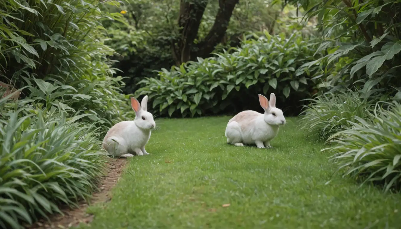 2-3 rabbits, gentle curves, soft colors, natural surroundings, hiding spots, sheltered corners, lush greenery, bunny-friendly design, simple and inviting, non-threatening features