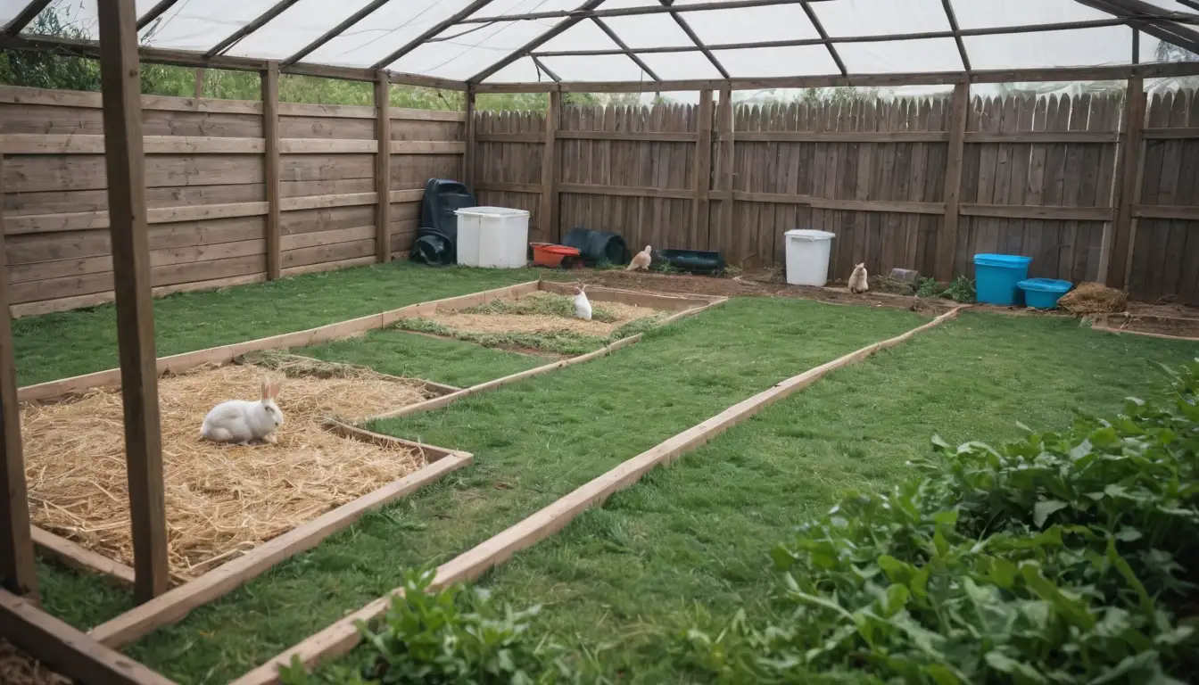 Clean rabbit enclosure with hay, food and water containers, fresh greens, comfortable hiding places, safe tunnels and ramps, and maybe a few toys or accessories