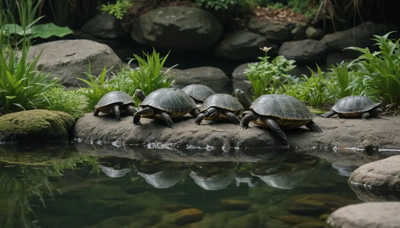 3-4 turtles in a naturalistic setting with aquatic plants and rocks, possibly with a few fish swimming in the background, warm lighting, soft focus to highlight textures and colors