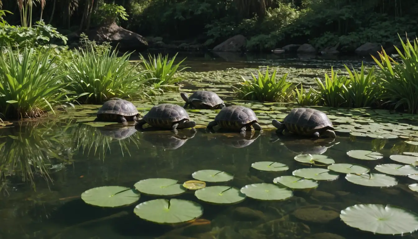 2-4 tortoises swimming in a shallow pond, surrounded by lush greenery, with sunlight reflecting off the waters surface, featuring a mix of large and small rocks, and possibly some aquatic plants like lily pads or cattails