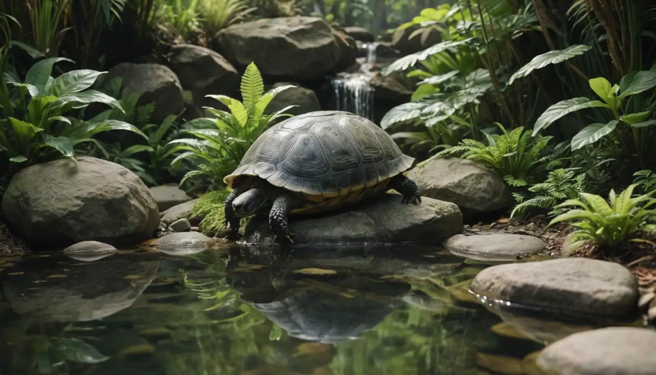 Greenery, rocks, water feature, wooden or natural surroundings, turtle habitats, terrariums, plants, trees, and a hint of sunlight