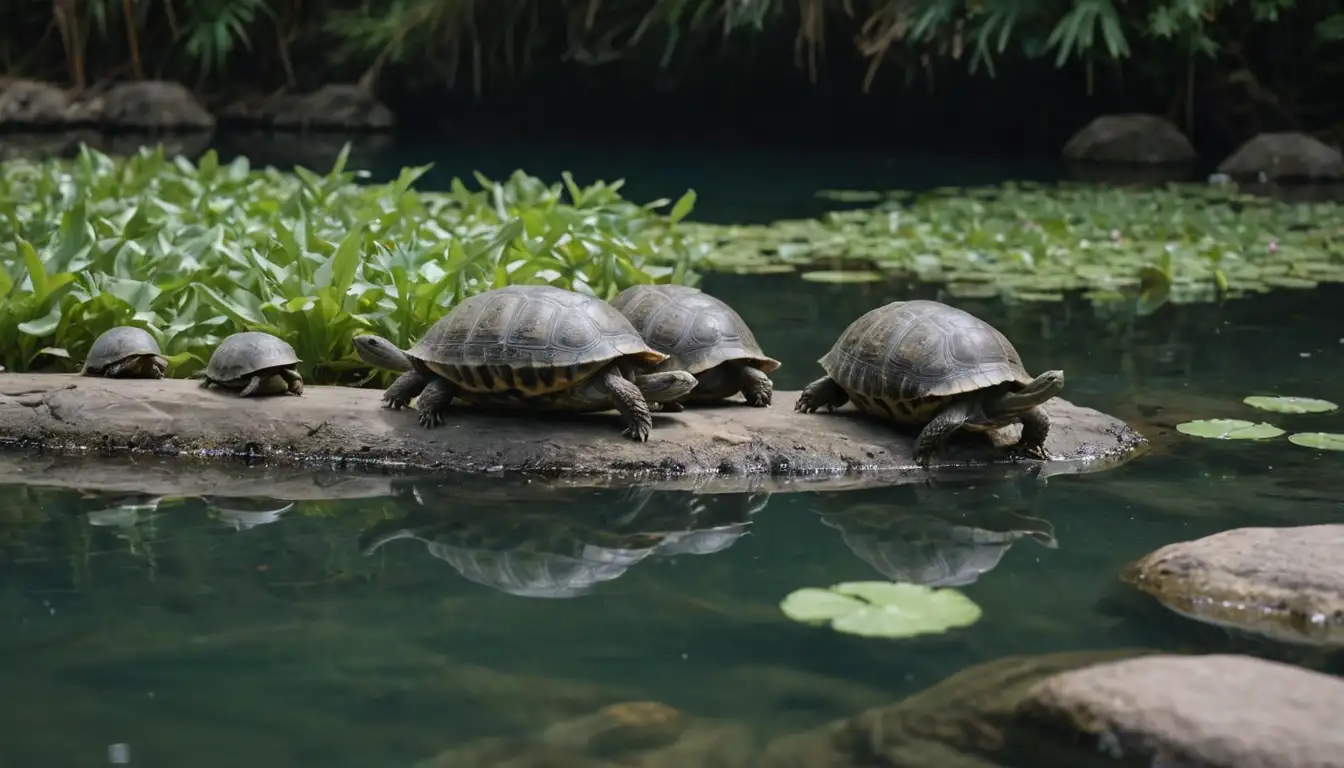 3-4 tortoises swimming, some with algae growing on their shells, others surrounded by water plants, a small dock or rocks in the background, perhaps a few floating leaves or flowers