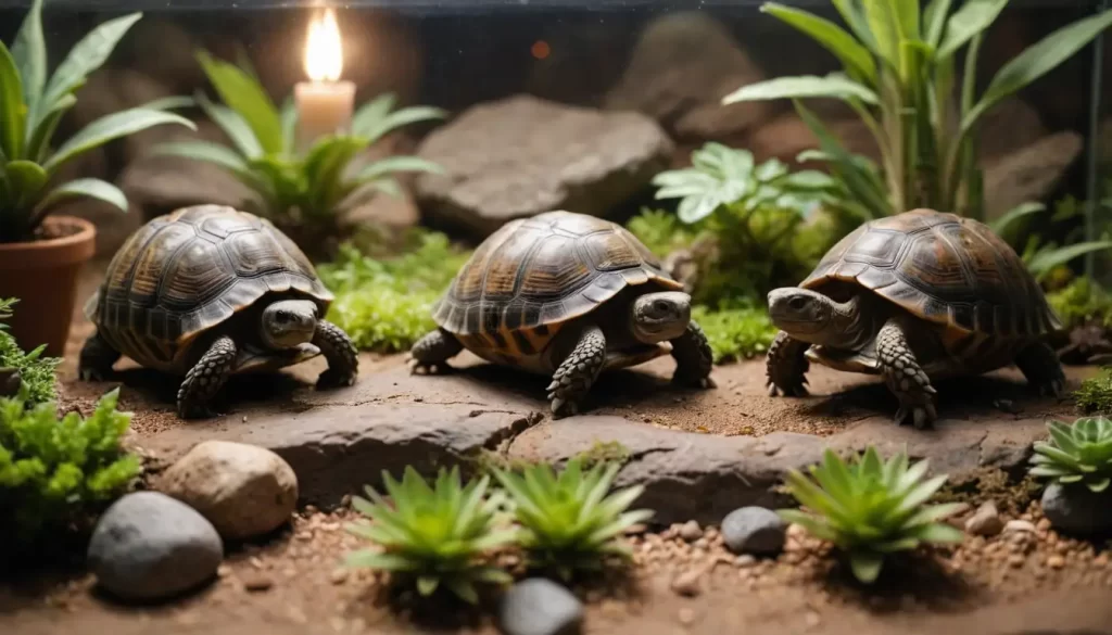 2-3 tortoises in a terrarium with plants and rocks