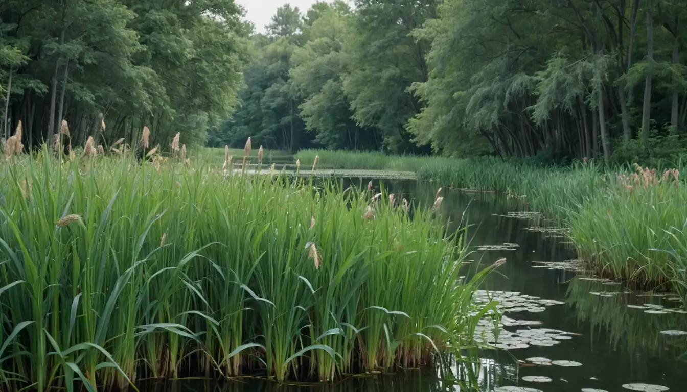 A lush green landscape with tall cattails (Cyperus papyrus) swaying in a gentle breeze, perhaps near a serene lake or riverbank with water lilies floating on the surface, and a few trees or reeds adding depth to the scene