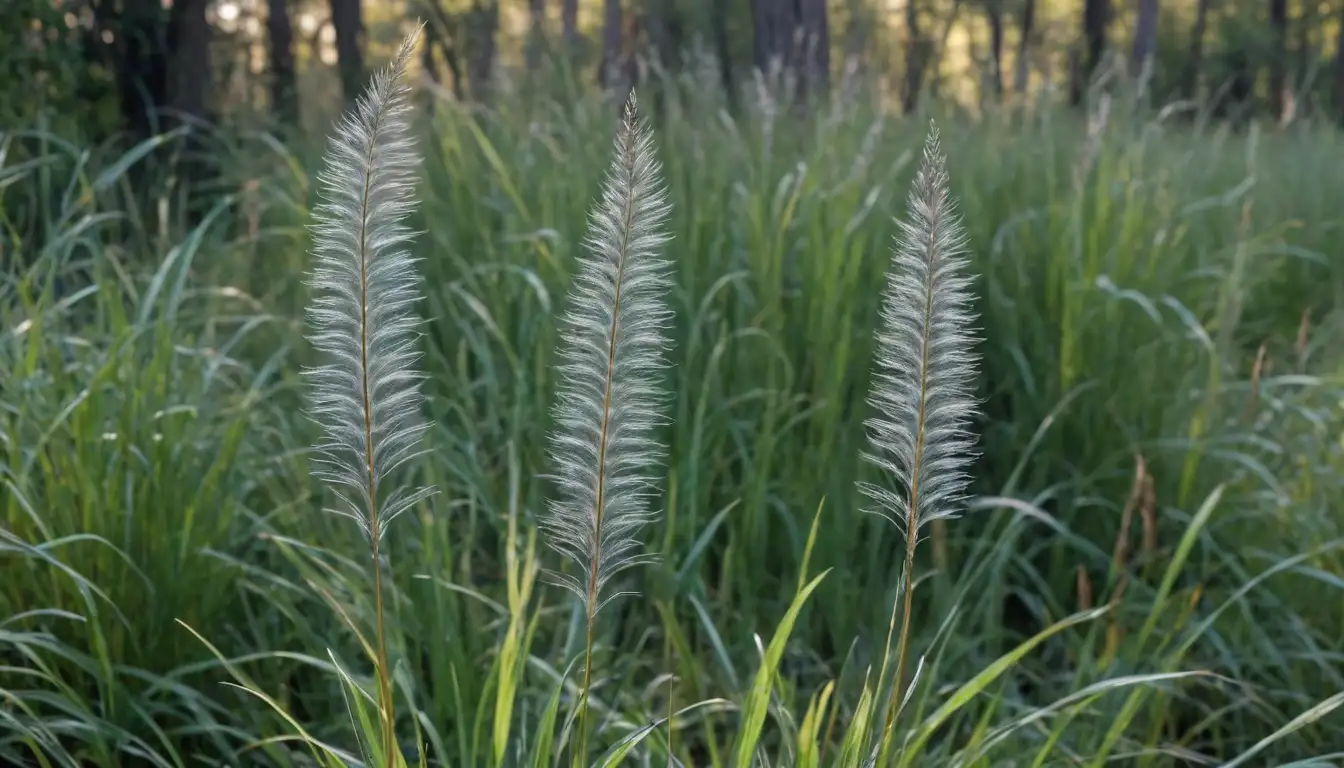 2-3 foot tall, slender grasses with blue-green foliage, feathery plumes, rustic background, natural setting